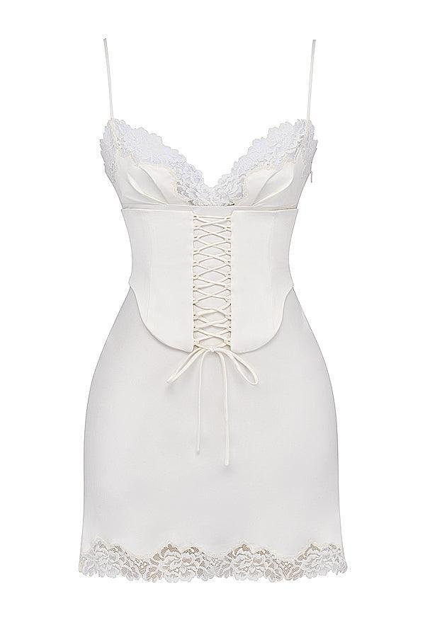 Vestido Branco De Cetim Curto Com Renda – Espartilho Delicado e Sexy