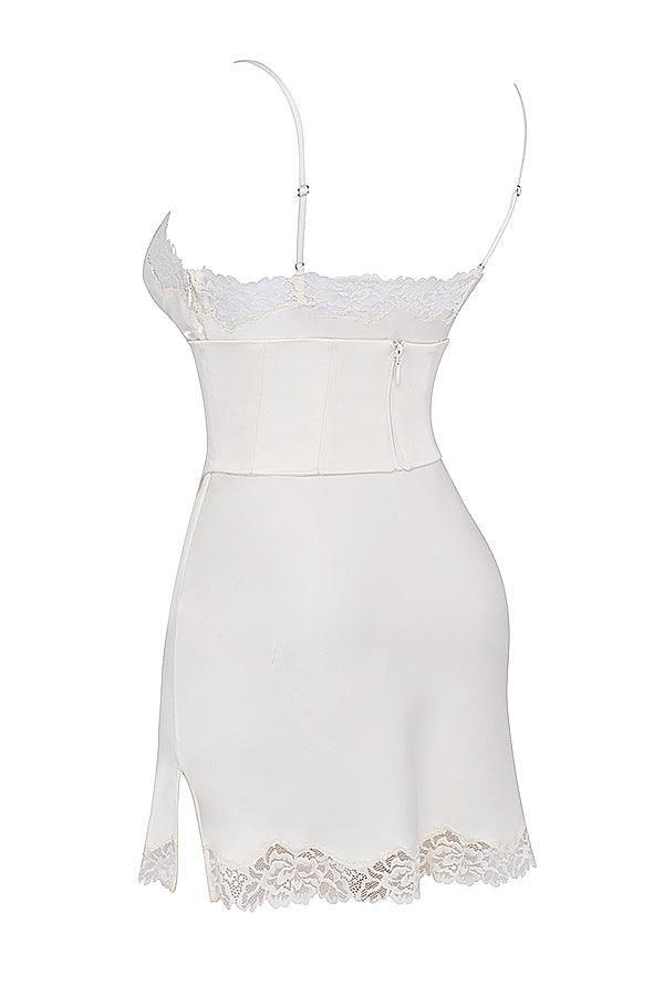 Vestido Branco De Cetim Curto Com Renda – Espartilho Delicado e Sexy