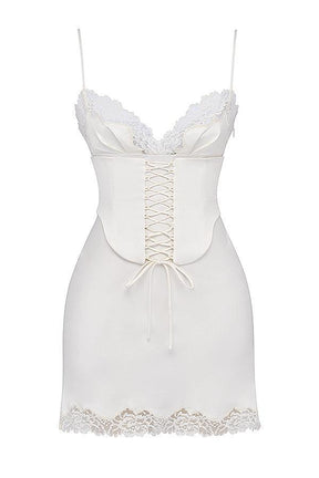 Vestido Branco De Cetim Curto Com Renda – Espartilho Delicado e Sexy